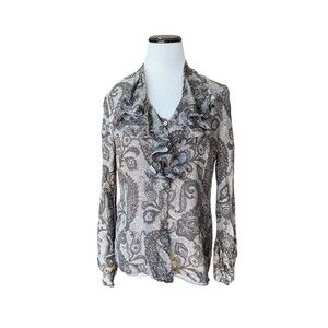 Lafayette 148 100% Silk Ruffle Paisley Bllouse Size 10 Gray Quiet Luxury Elegant